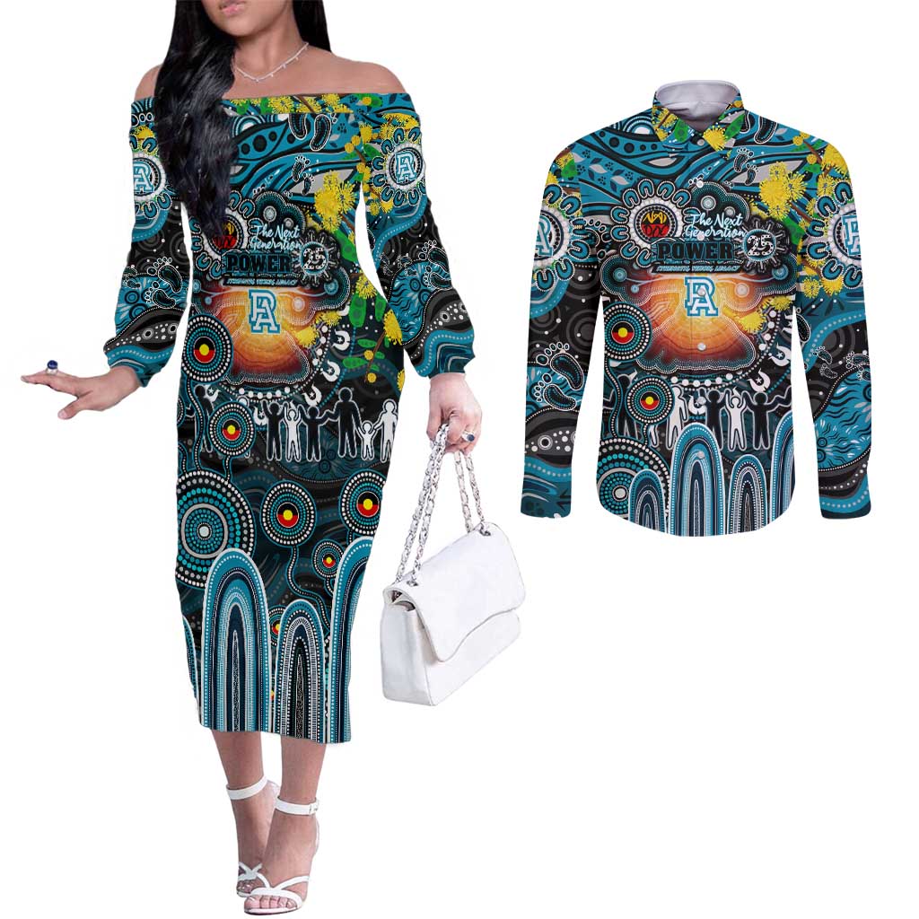 Personalised NAIDOC Week 2025 Power Football Couples Matching Off The Shoulder Long Sleeve Dress and Long Sleeve Button Shirt Aboriginal Dot Painting