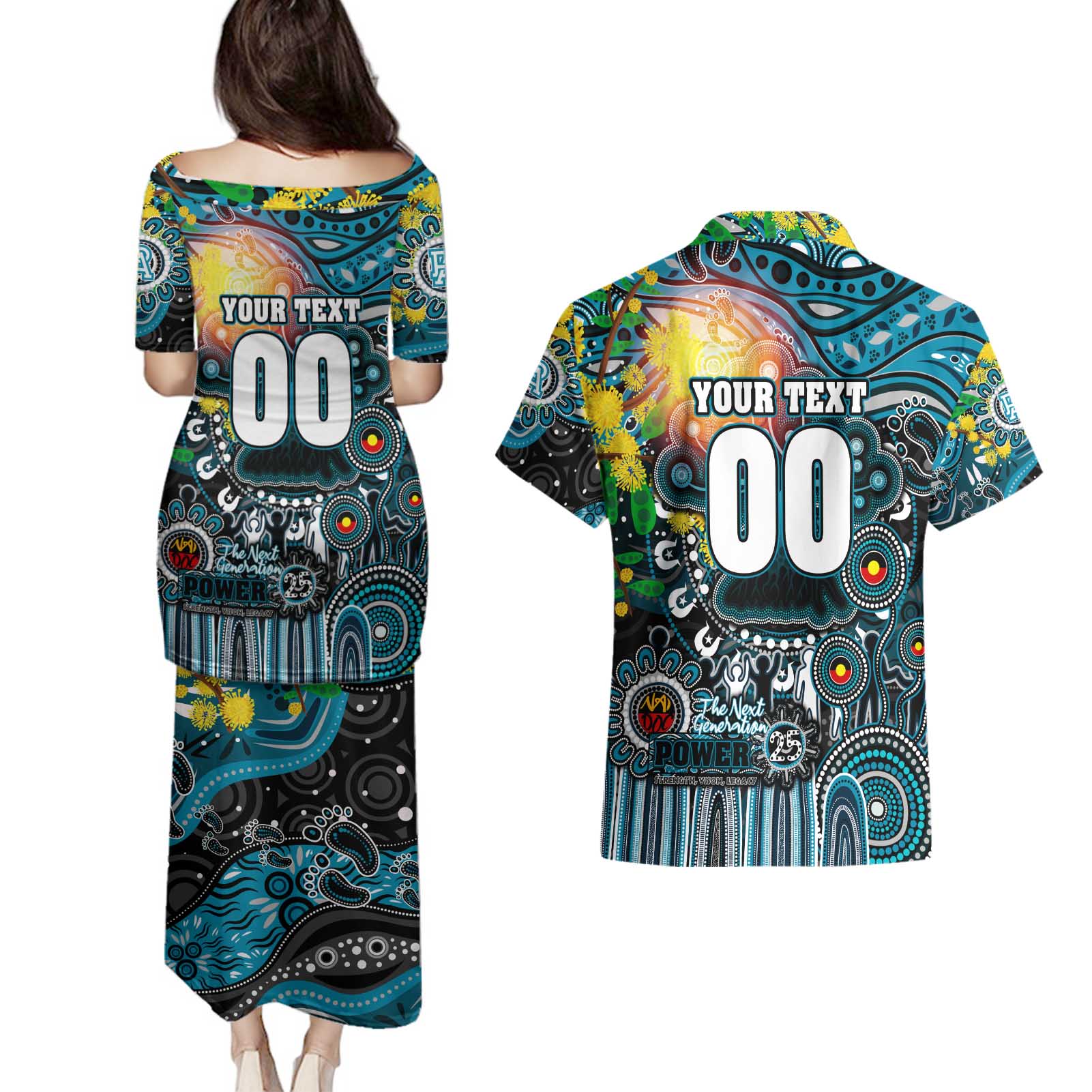 Personalised NAIDOC Week 2025 Power Football Couples Matching Puletasi and Hawaiian Shirt Aboriginal Dot Painting