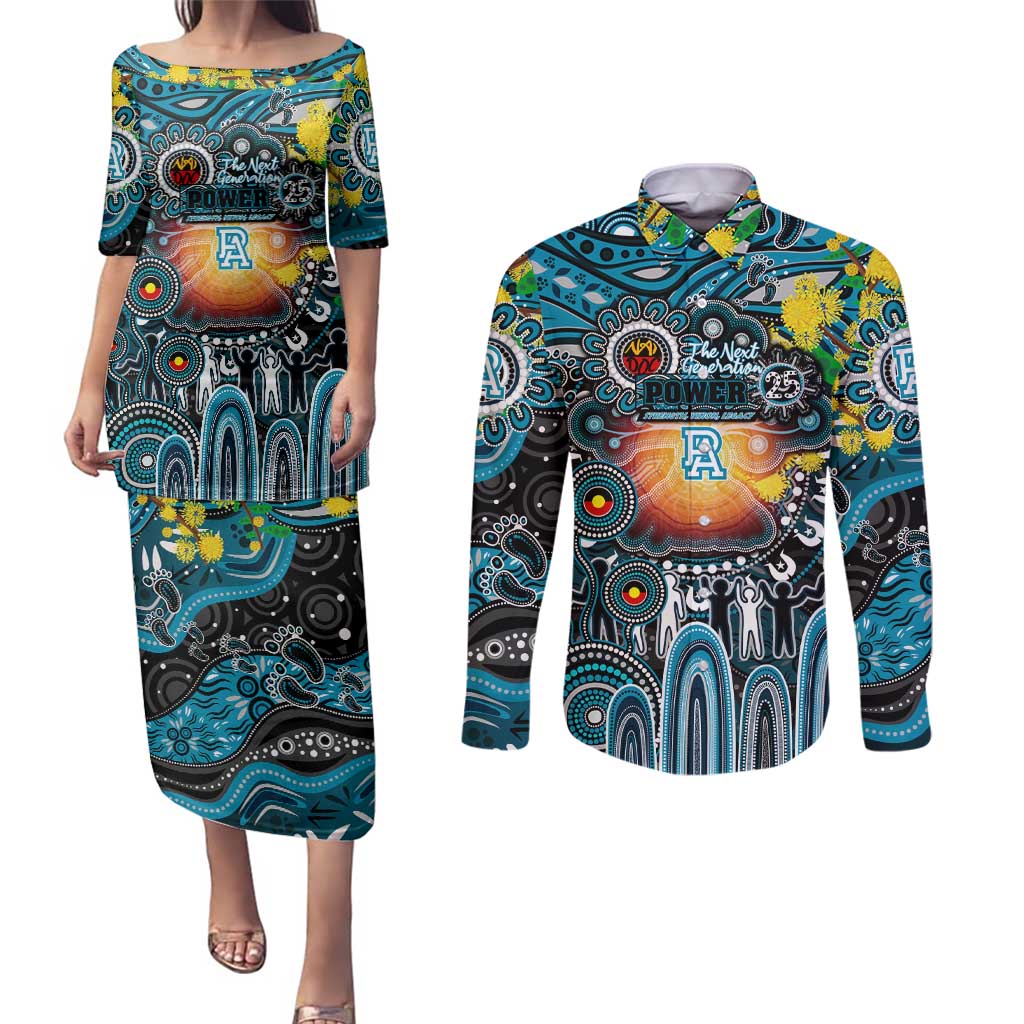 Personalised NAIDOC Week 2025 Power Football Couples Matching Puletasi and Long Sleeve Button Shirt Aboriginal Dot Painting
