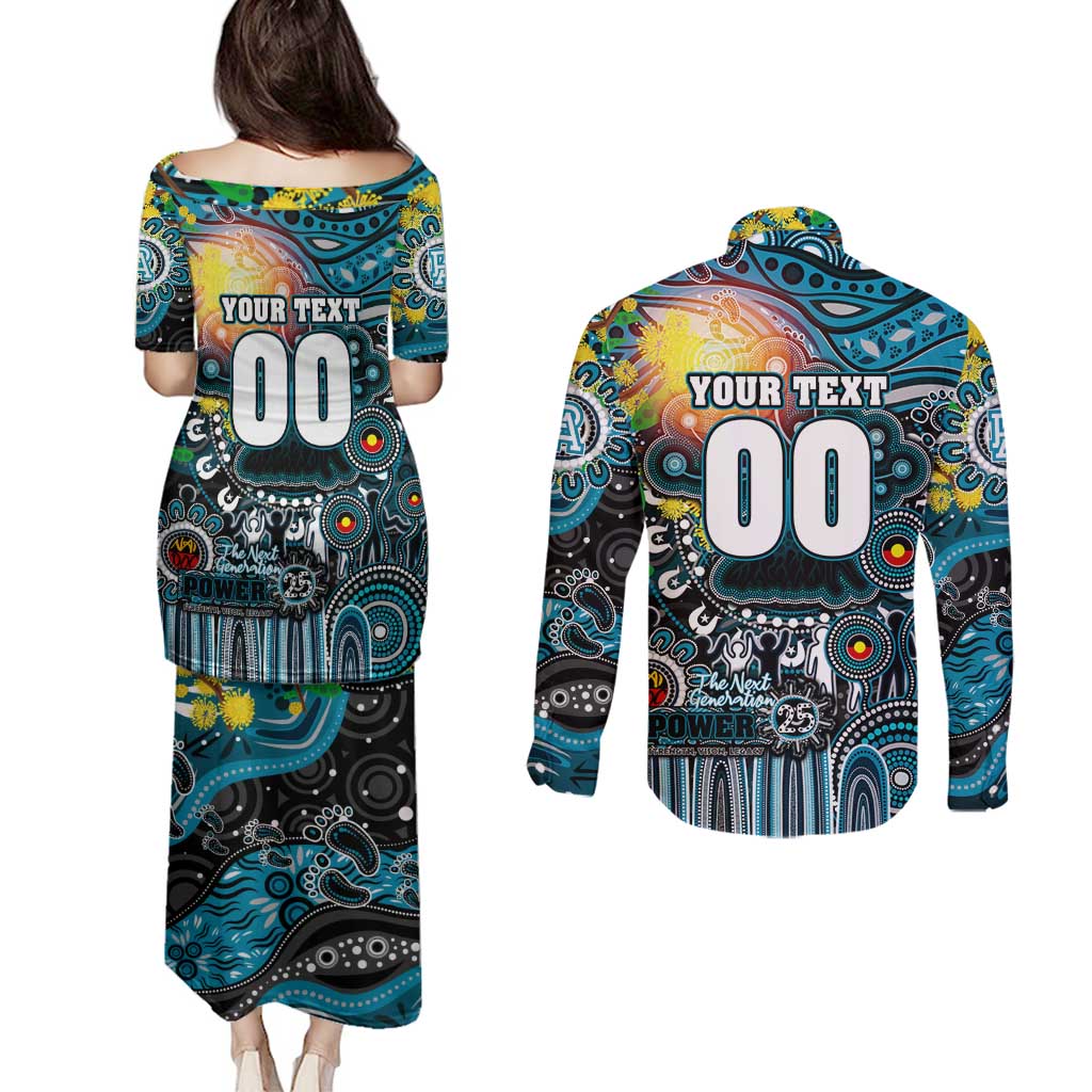 Personalised NAIDOC Week 2025 Power Football Couples Matching Puletasi and Long Sleeve Button Shirt Aboriginal Dot Painting