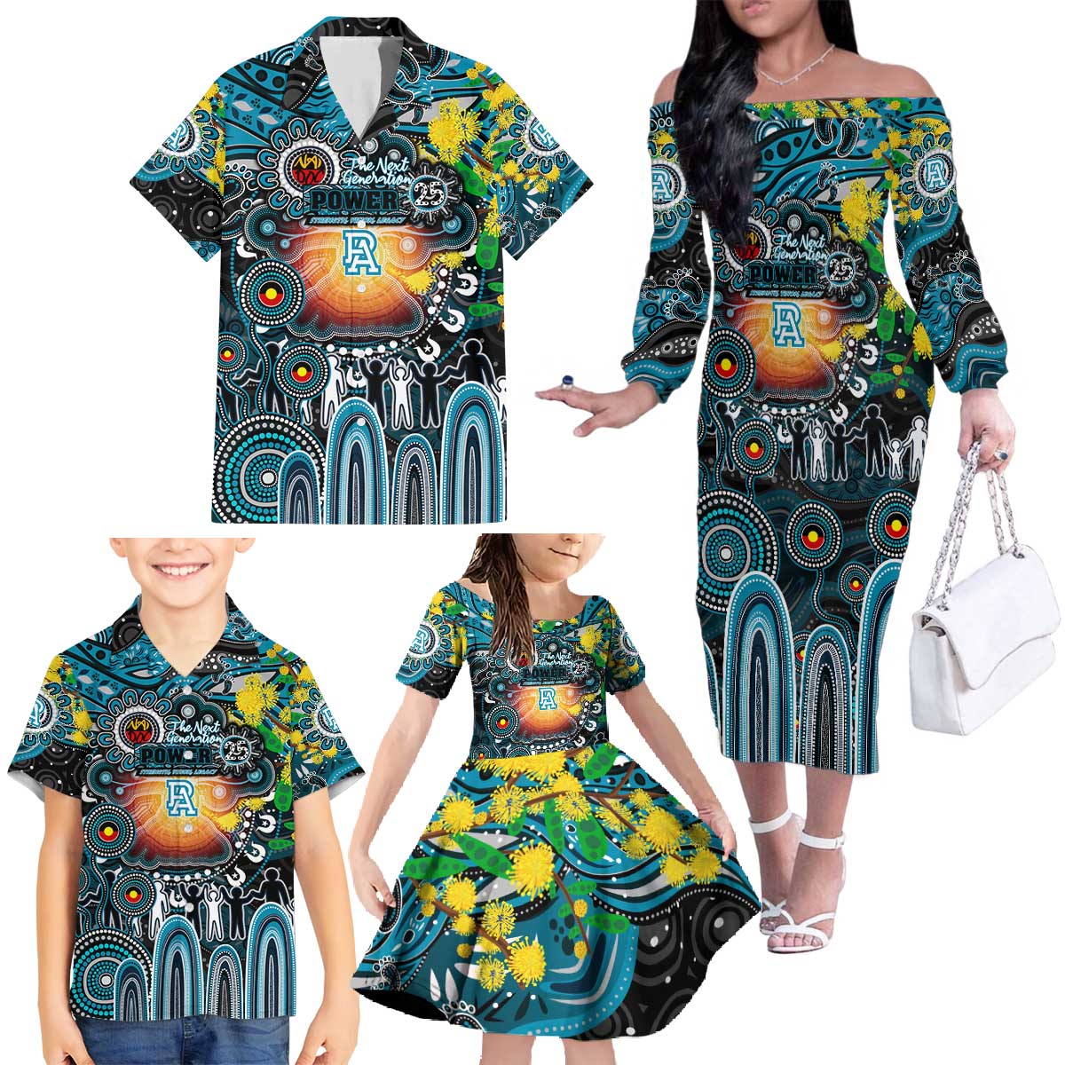 Personalised NAIDOC Week 2025 Power Football Family Matching Off The Shoulder Long Sleeve Dress and Hawaiian Shirt Aboriginal Dot Painting