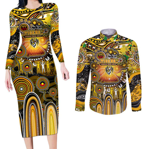 Personalised NAIDOC Week 2025 Tiger Football Couples Matching Long Sleeve Bodycon Dress and Long Sleeve Button Shirt Aboriginal Dot Painting