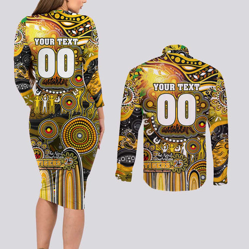Personalised NAIDOC Week 2025 Tiger Football Couples Matching Long Sleeve Bodycon Dress and Long Sleeve Button Shirt Aboriginal Dot Painting