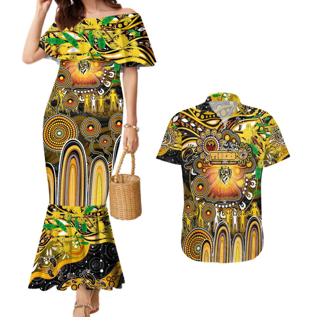 Personalised NAIDOC Week 2025 Tiger Football Couples Matching Mermaid Dress and Hawaiian Shirt Aboriginal Dot Painting