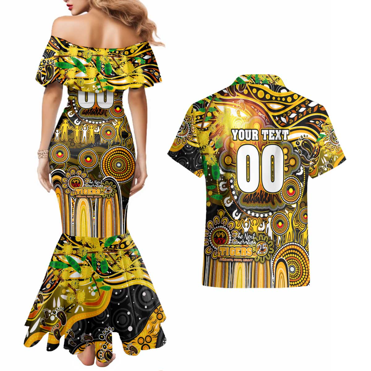 Personalised NAIDOC Week 2025 Tiger Football Couples Matching Mermaid Dress and Hawaiian Shirt Aboriginal Dot Painting