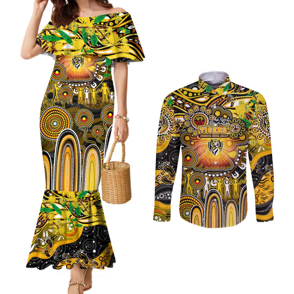 Personalised NAIDOC Week 2025 Tiger Football Couples Matching Mermaid Dress and Long Sleeve Button Shirt Aboriginal Dot Painting