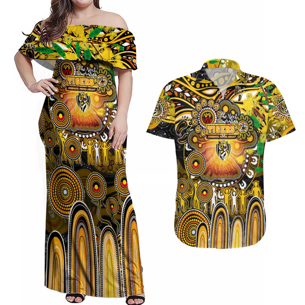 Personalised NAIDOC Week 2025 Tiger Football Couples Matching Off Shoulder Maxi Dress and Hawaiian Shirt Aboriginal Dot Painting