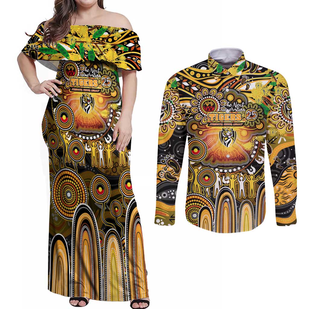 Personalised NAIDOC Week 2025 Tiger Football Couples Matching Off Shoulder Maxi Dress and Long Sleeve Button Shirt Aboriginal Dot Painting