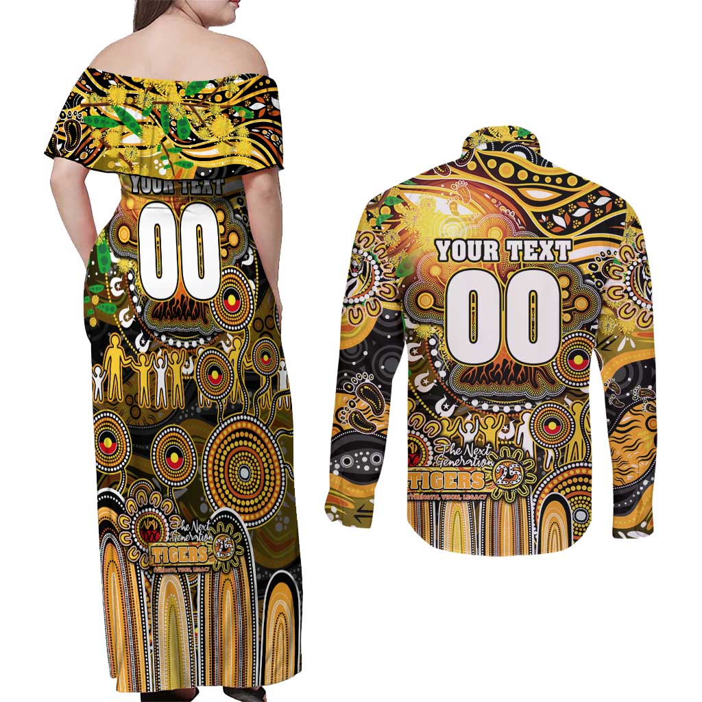 Personalised NAIDOC Week 2025 Tiger Football Couples Matching Off Shoulder Maxi Dress and Long Sleeve Button Shirt Aboriginal Dot Painting