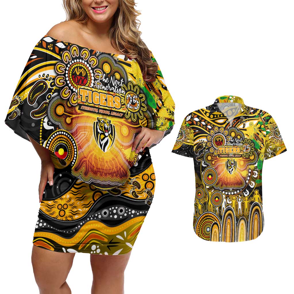 Personalised NAIDOC Week 2025 Tiger Football Couples Matching Off Shoulder Short Dress and Hawaiian Shirt Aboriginal Dot Painting
