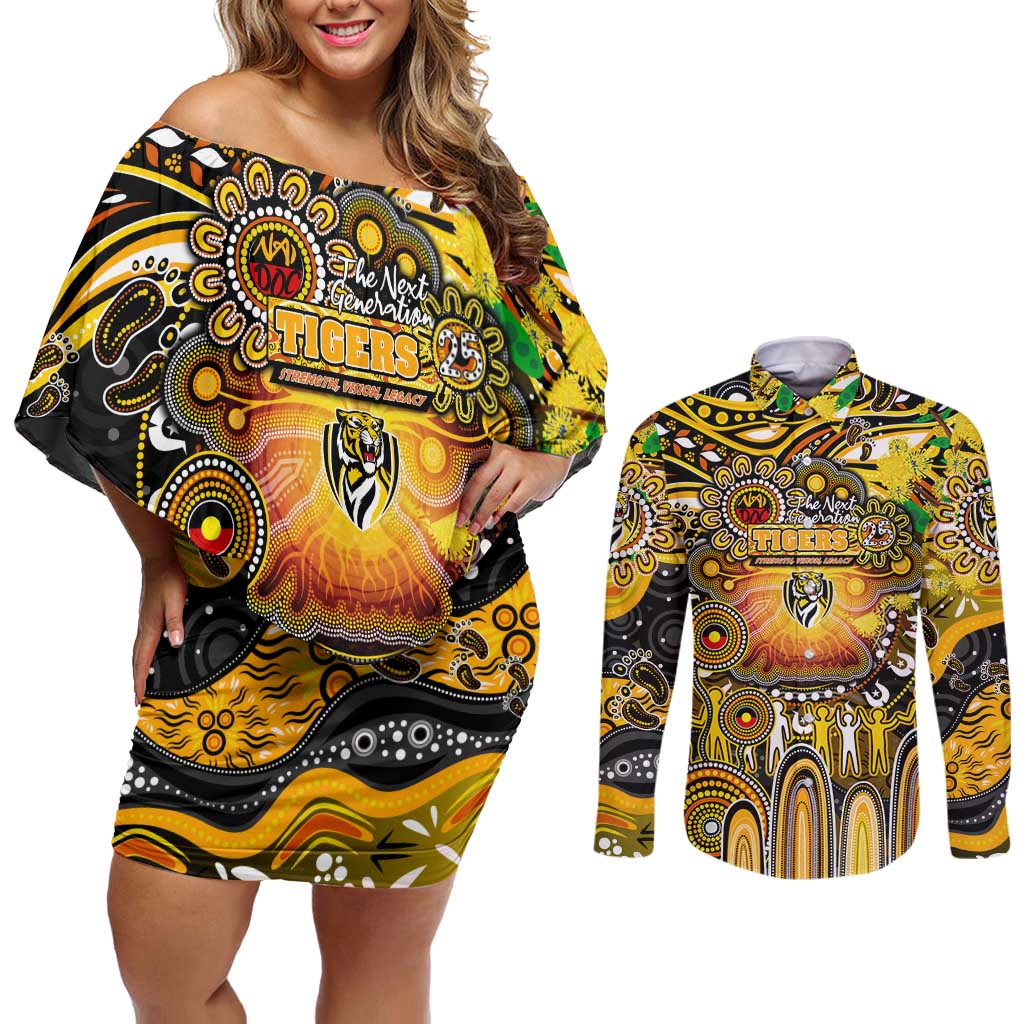 Personalised NAIDOC Week 2025 Tiger Football Couples Matching Off Shoulder Short Dress and Long Sleeve Button Shirt Aboriginal Dot Painting