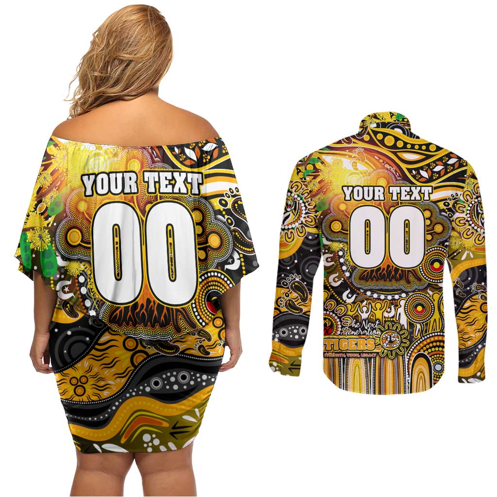 Personalised NAIDOC Week 2025 Tiger Football Couples Matching Off Shoulder Short Dress and Long Sleeve Button Shirt Aboriginal Dot Painting