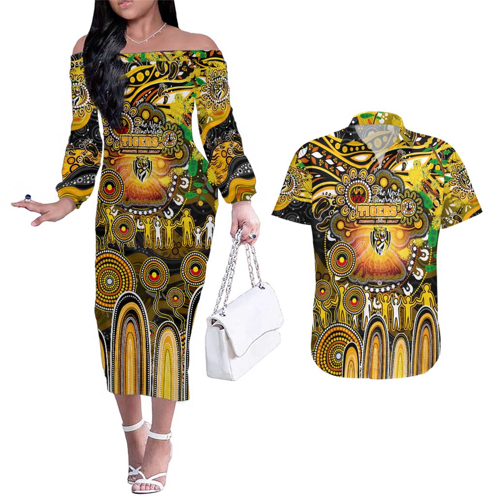 Personalised NAIDOC Week 2025 Tiger Football Couples Matching Off The Shoulder Long Sleeve Dress and Hawaiian Shirt Aboriginal Dot Painting