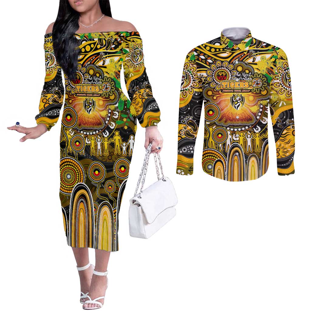 Personalised NAIDOC Week 2025 Tiger Football Couples Matching Off The Shoulder Long Sleeve Dress and Long Sleeve Button Shirt Aboriginal Dot Painting