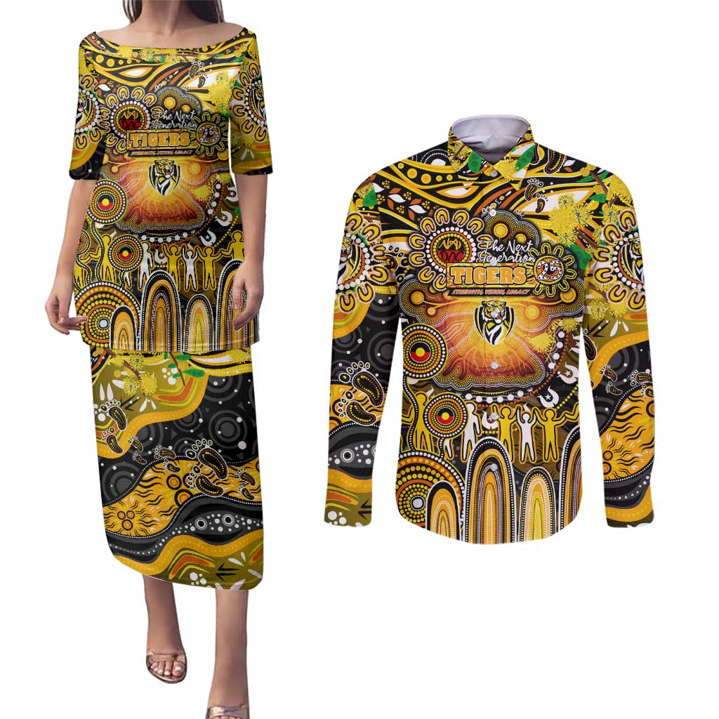 Personalised NAIDOC Week 2025 Tiger Football Couples Matching Puletasi and Long Sleeve Button Shirt Aboriginal Dot Painting