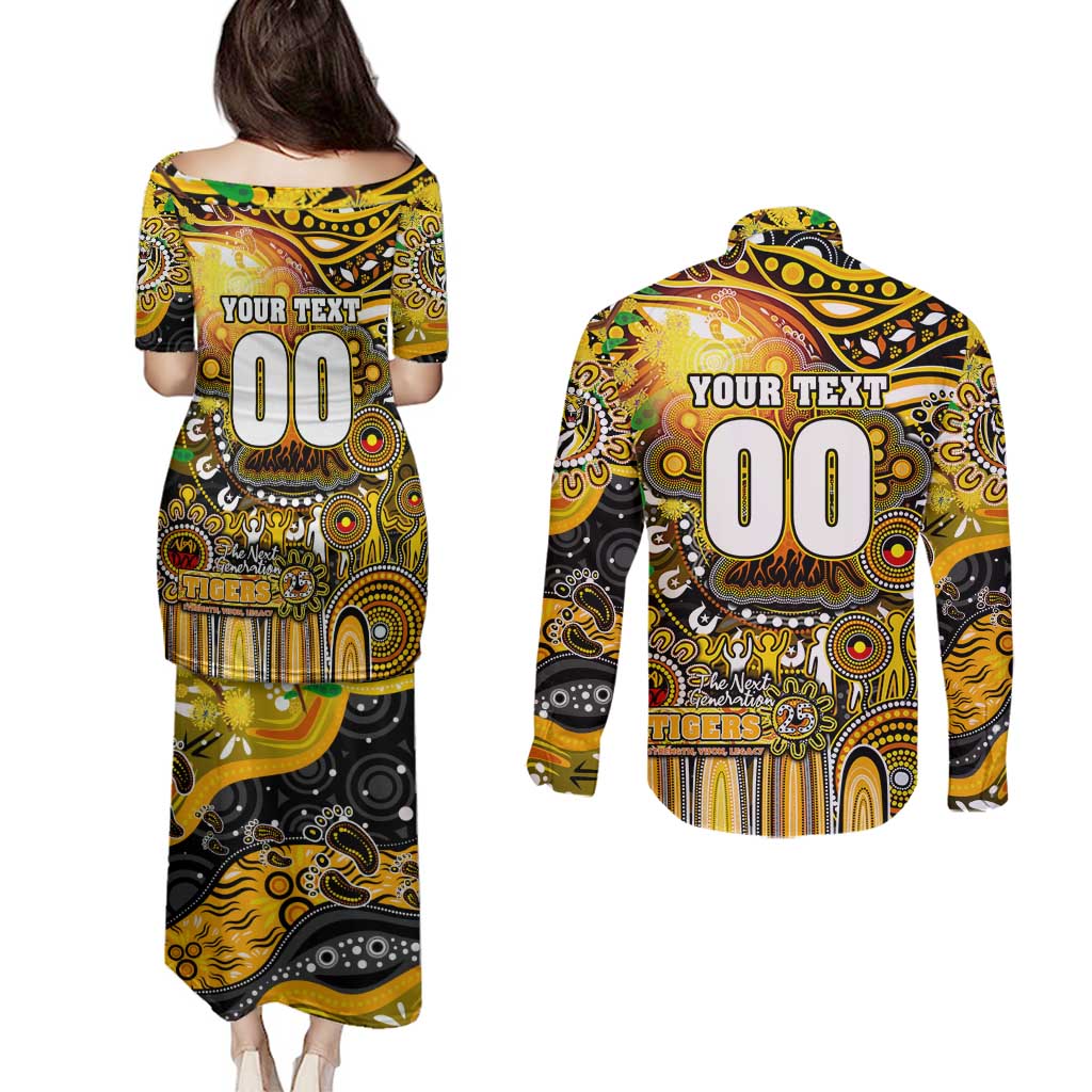 Personalised NAIDOC Week 2025 Tiger Football Couples Matching Puletasi and Long Sleeve Button Shirt Aboriginal Dot Painting