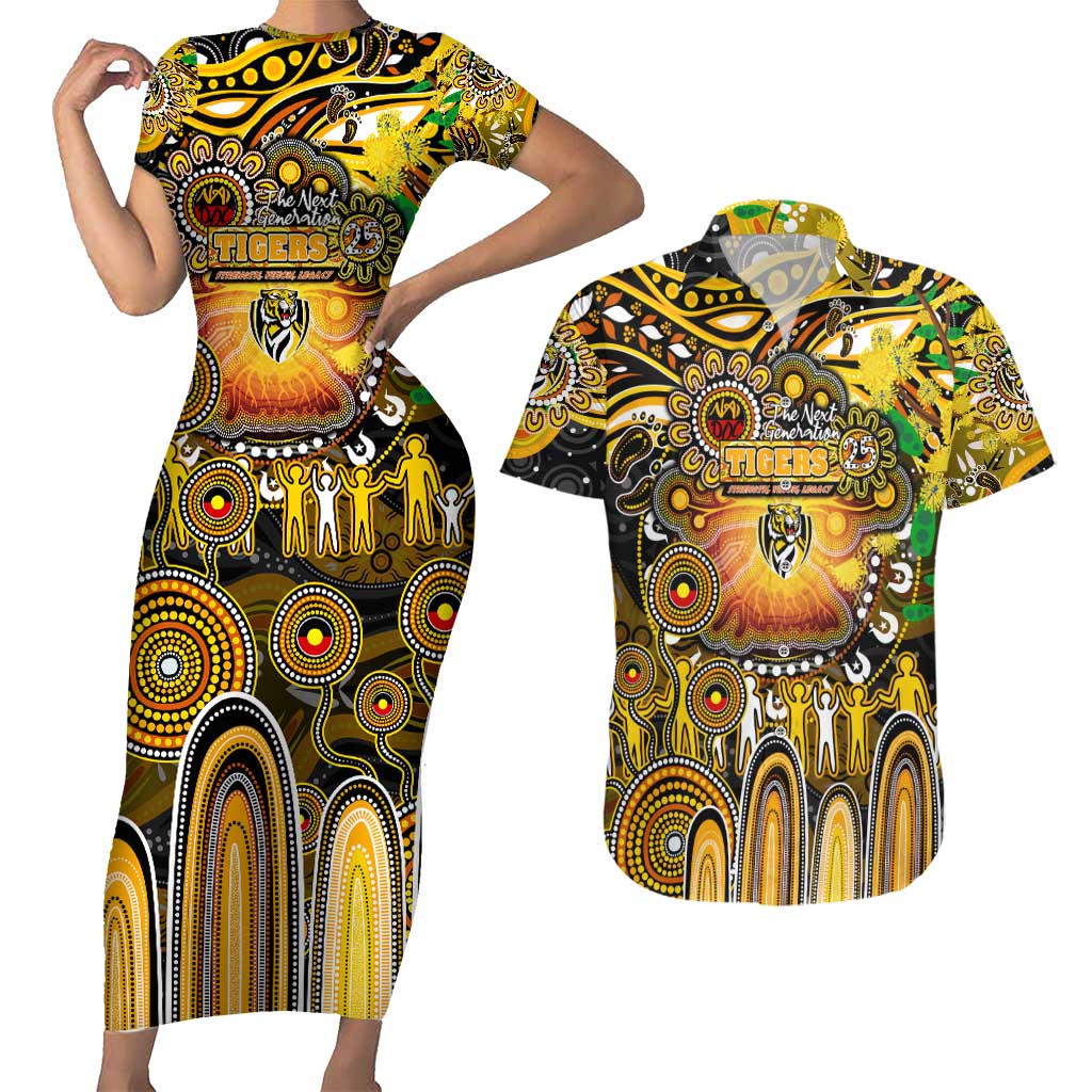 Personalised NAIDOC Week 2025 Tiger Football Couples Matching Short Sleeve Bodycon Dress and Hawaiian Shirt Aboriginal Dot Painting