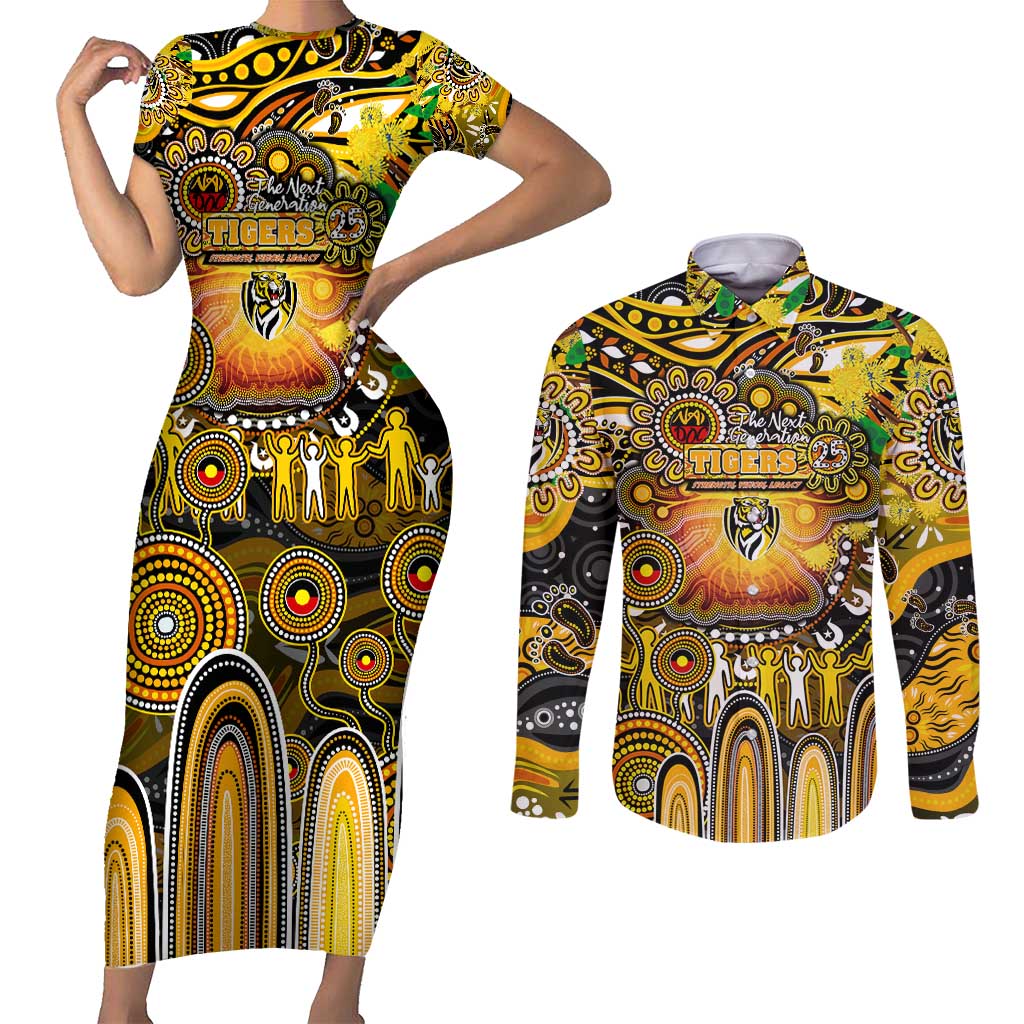 Personalised NAIDOC Week 2025 Tiger Football Couples Matching Short Sleeve Bodycon Dress and Long Sleeve Button Shirt Aboriginal Dot Painting