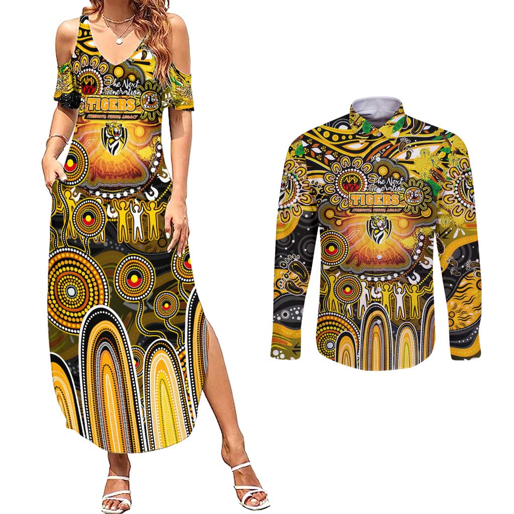 Personalised NAIDOC Week 2025 Tiger Football Couples Matching Summer Maxi Dress and Long Sleeve Button Shirt Aboriginal Dot Painting