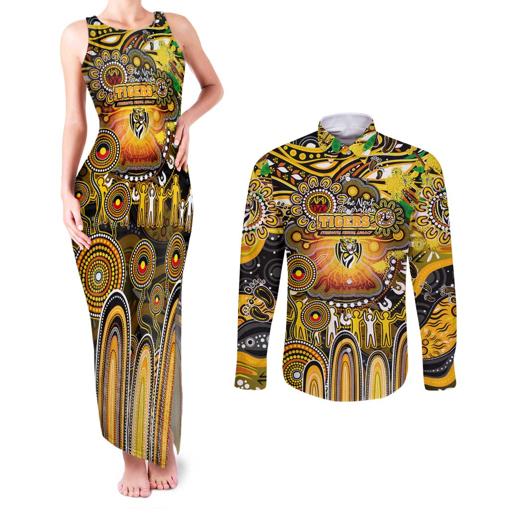 Personalised NAIDOC Week 2025 Tiger Football Couples Matching Tank Maxi Dress and Long Sleeve Button Shirt Aboriginal Dot Painting