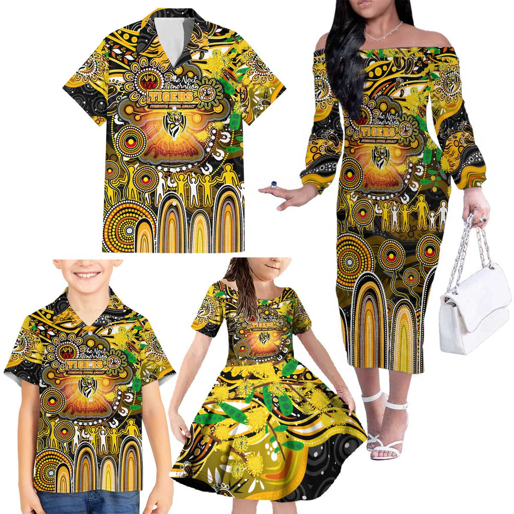 Personalised NAIDOC Week 2025 Tiger Football Family Matching Off The Shoulder Long Sleeve Dress and Hawaiian Shirt Aboriginal Dot Painting