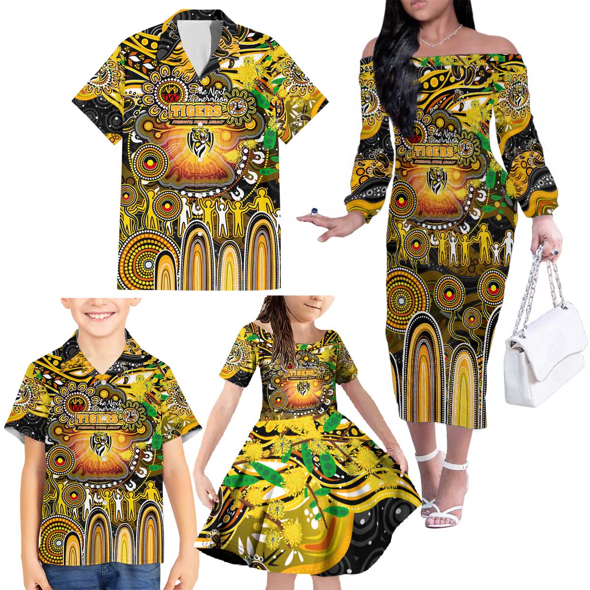 Personalised NAIDOC Week 2025 Tiger Football Family Matching Off The Shoulder Long Sleeve Dress and Hawaiian Shirt Aboriginal Dot Painting