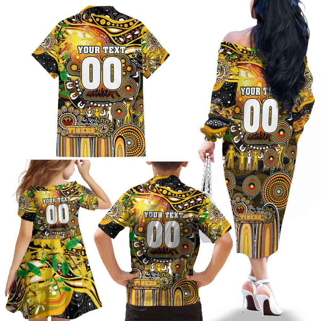 Personalised NAIDOC Week 2025 Tiger Football Family Matching Off The Shoulder Long Sleeve Dress and Hawaiian Shirt Aboriginal Dot Painting