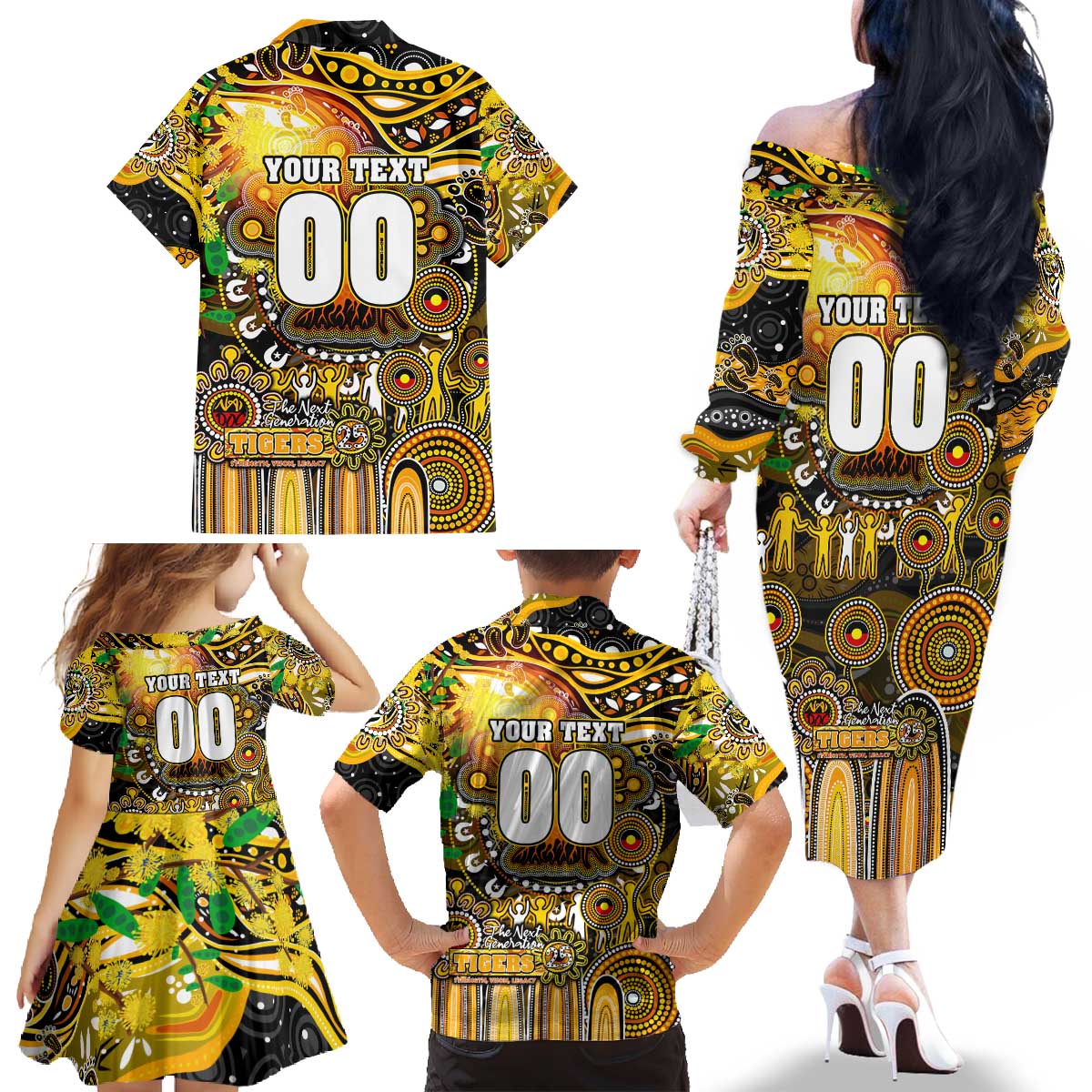 Personalised NAIDOC Week 2025 Tiger Football Family Matching Off The Shoulder Long Sleeve Dress and Hawaiian Shirt Aboriginal Dot Painting