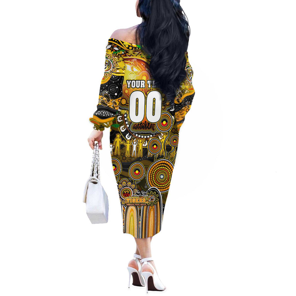 Personalised NAIDOC Week 2025 Tiger Football Off The Shoulder Long Sleeve Dress Aboriginal Dot Painting