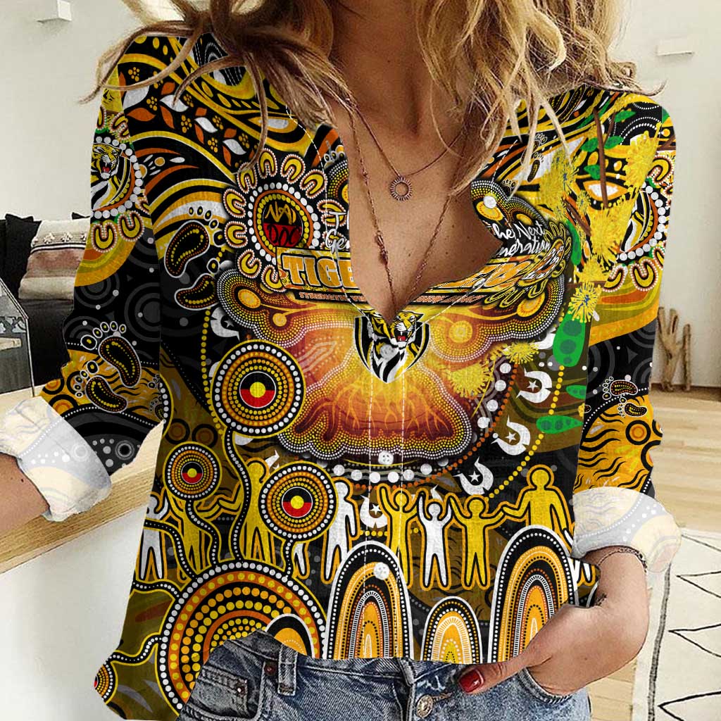 Personalised NAIDOC Week 2025 Tiger Football Women Casual Shirt Aboriginal Dot Painting