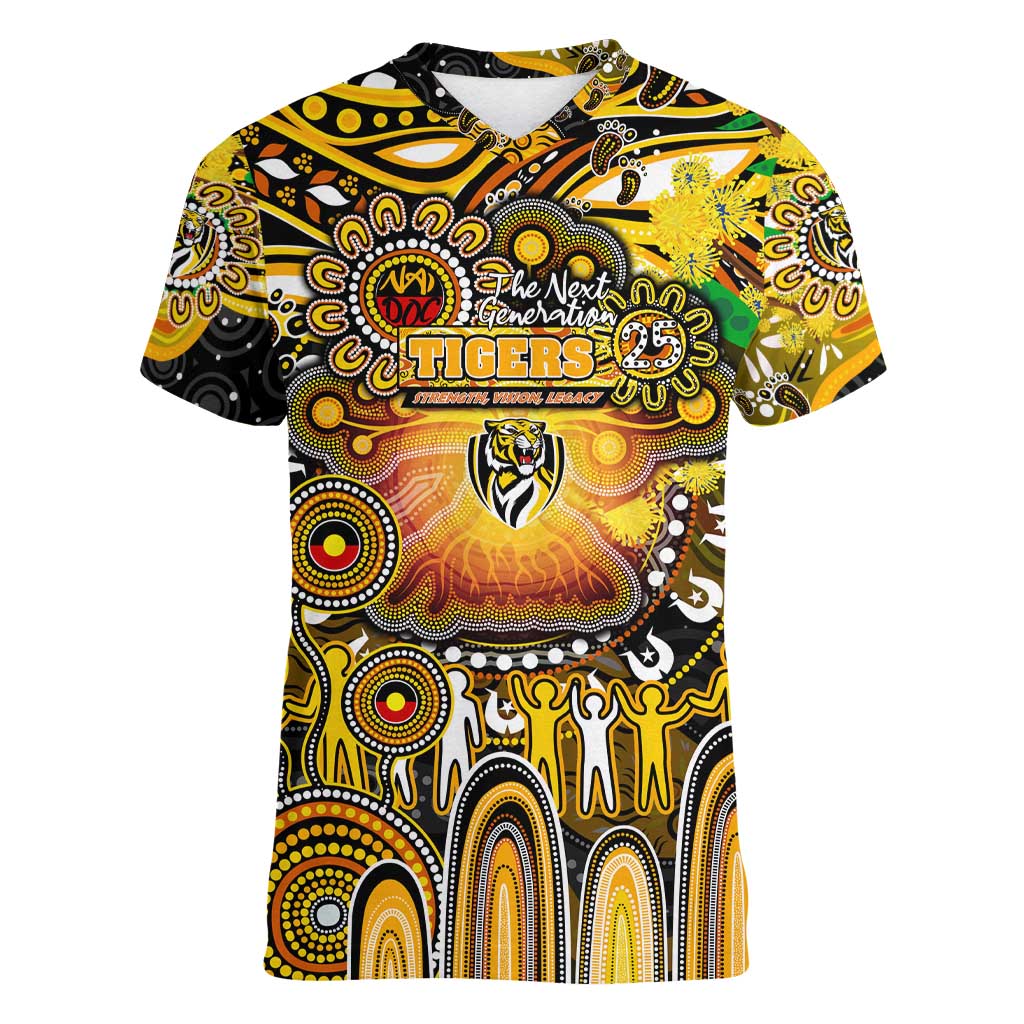 Personalised NAIDOC Week 2025 Tiger Football Women V-Neck T-Shirt Aboriginal Dot Painting