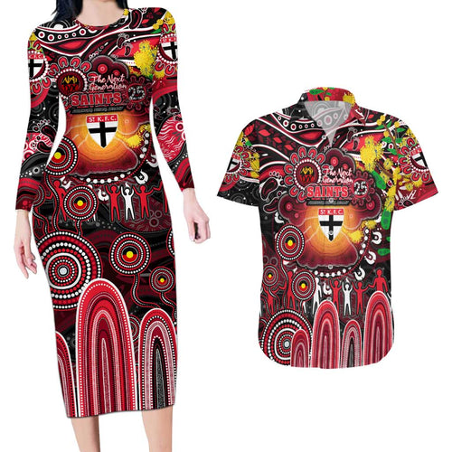 Personalised NAIDOC Week 2025 Saints Football Couples Matching Long Sleeve Bodycon Dress and Hawaiian Shirt Aboriginal Dot Painting