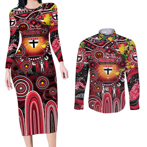 Personalised NAIDOC Week 2025 Saints Football Couples Matching Long Sleeve Bodycon Dress and Long Sleeve Button Shirt Aboriginal Dot Painting