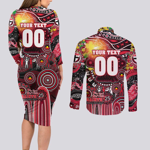 Personalised NAIDOC Week 2025 Saints Football Couples Matching Long Sleeve Bodycon Dress and Long Sleeve Button Shirt Aboriginal Dot Painting