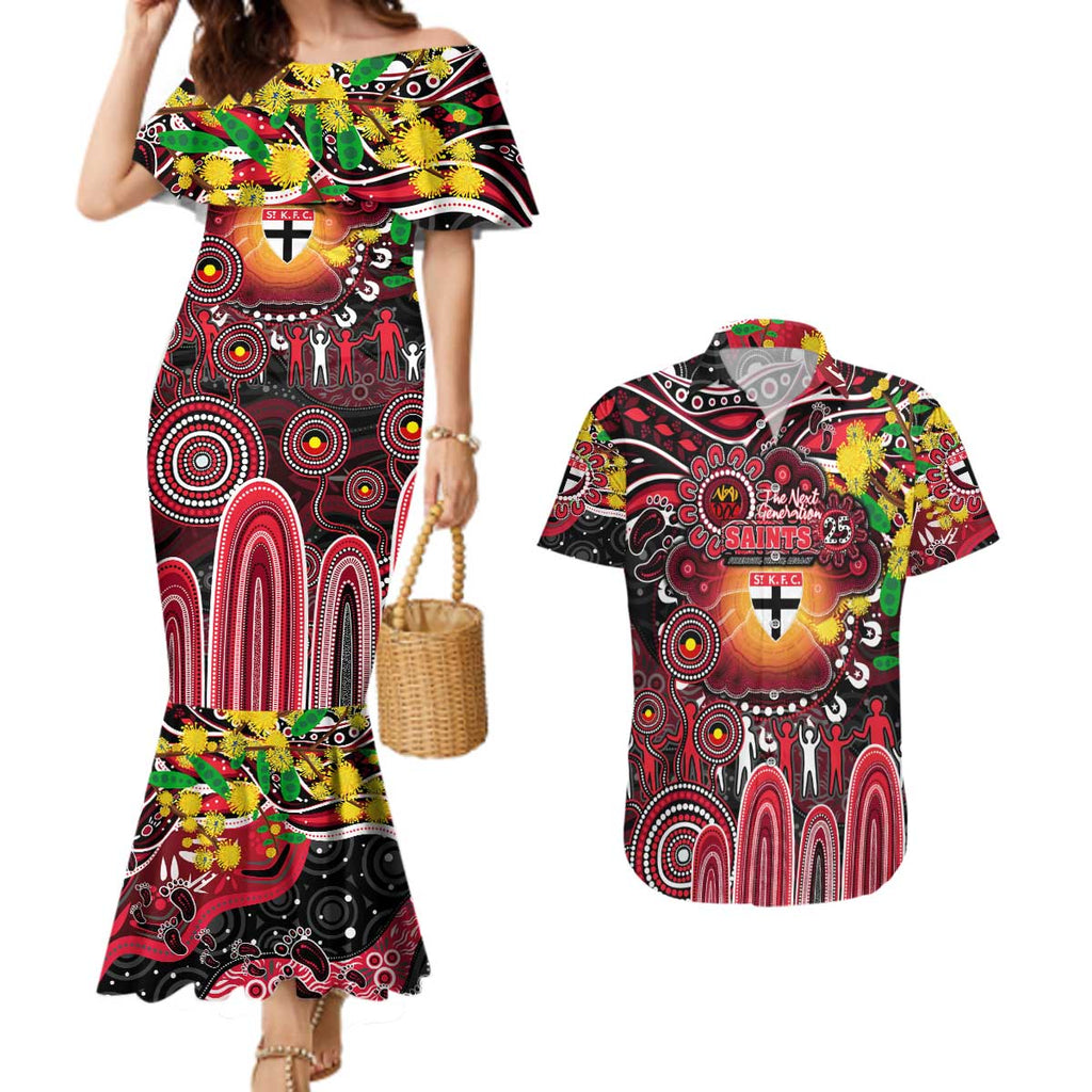 Personalised NAIDOC Week 2025 Saints Football Couples Matching Mermaid Dress and Hawaiian Shirt Aboriginal Dot Painting