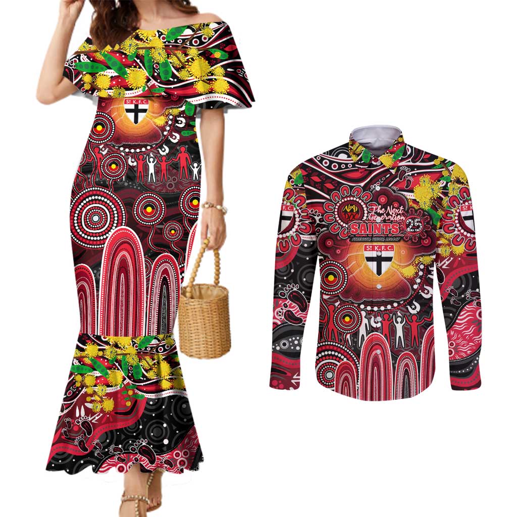 Personalised NAIDOC Week 2025 Saints Football Couples Matching Mermaid Dress and Long Sleeve Button Shirt Aboriginal Dot Painting