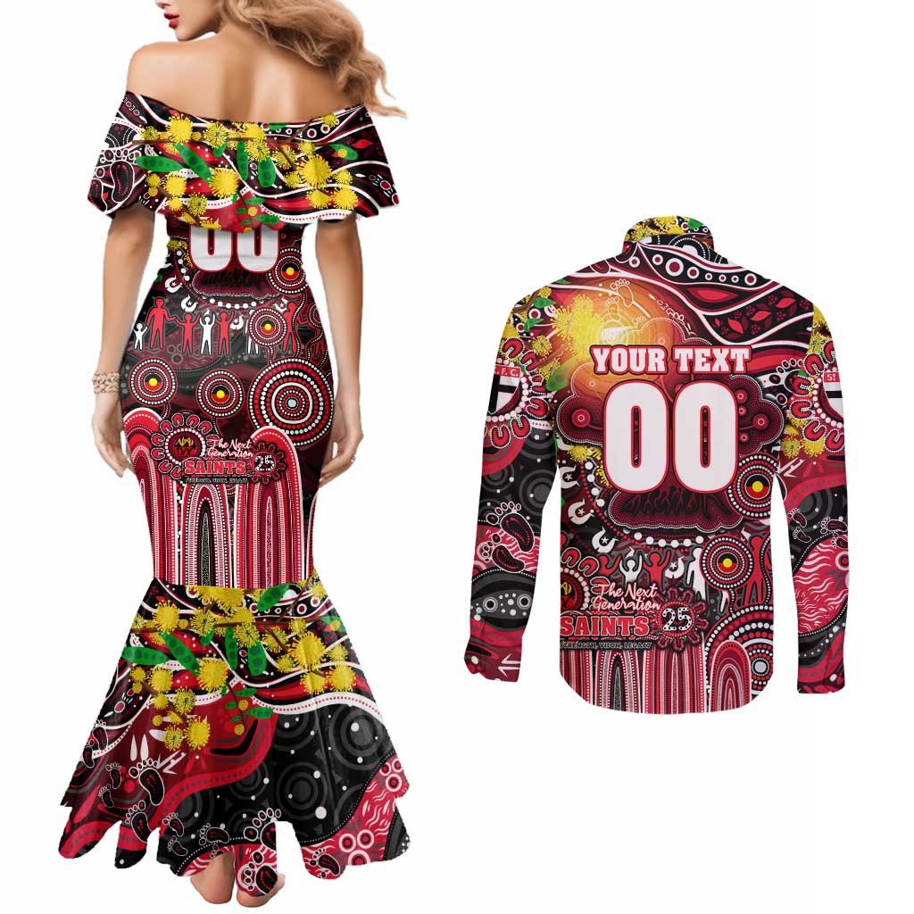 Personalised NAIDOC Week 2025 Saints Football Couples Matching Mermaid Dress and Long Sleeve Button Shirt Aboriginal Dot Painting