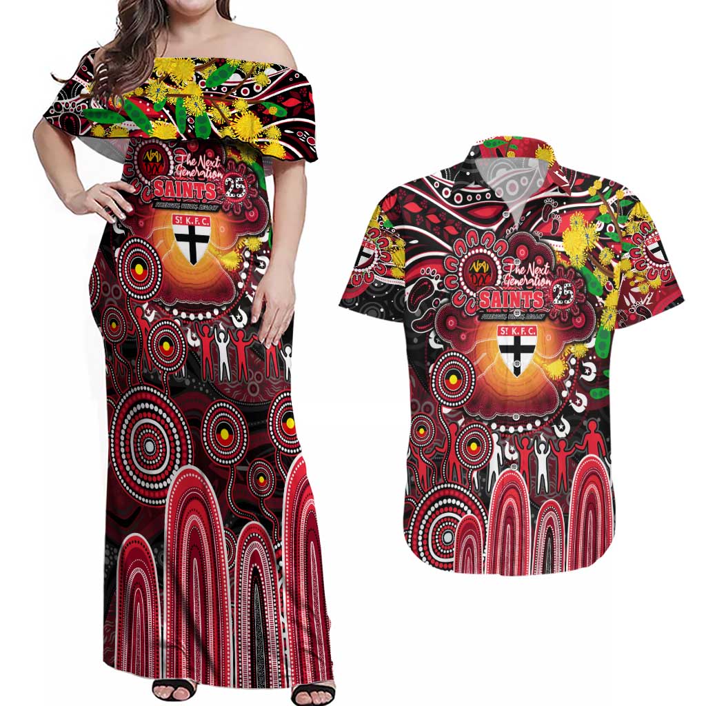 Personalised NAIDOC Week 2025 Saints Football Couples Matching Off Shoulder Maxi Dress and Hawaiian Shirt Aboriginal Dot Painting