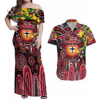 Personalised NAIDOC Week 2025 Saints Football Couples Matching Off Shoulder Maxi Dress and Hawaiian Shirt Aboriginal Dot Painting