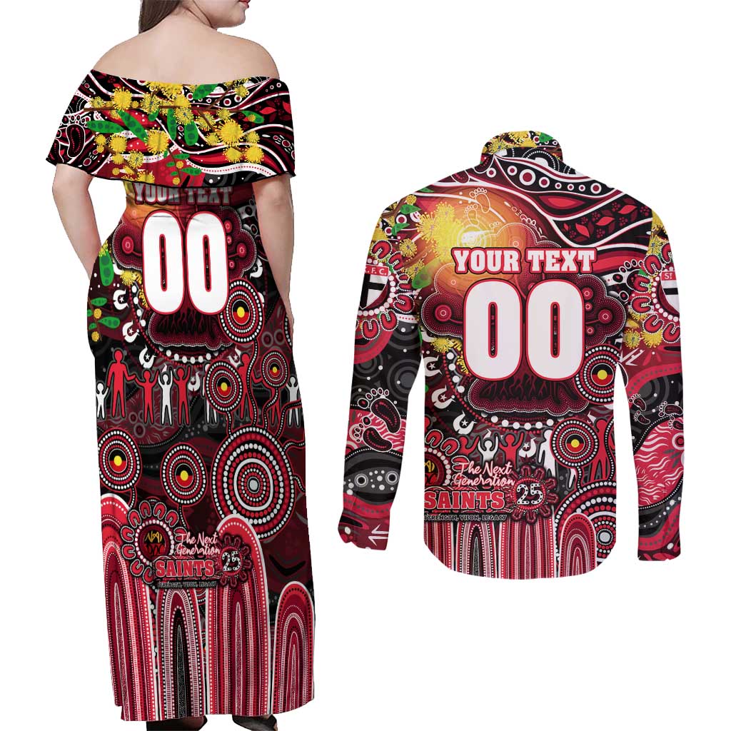 Personalised NAIDOC Week 2025 Saints Football Couples Matching Off Shoulder Maxi Dress and Long Sleeve Button Shirt Aboriginal Dot Painting