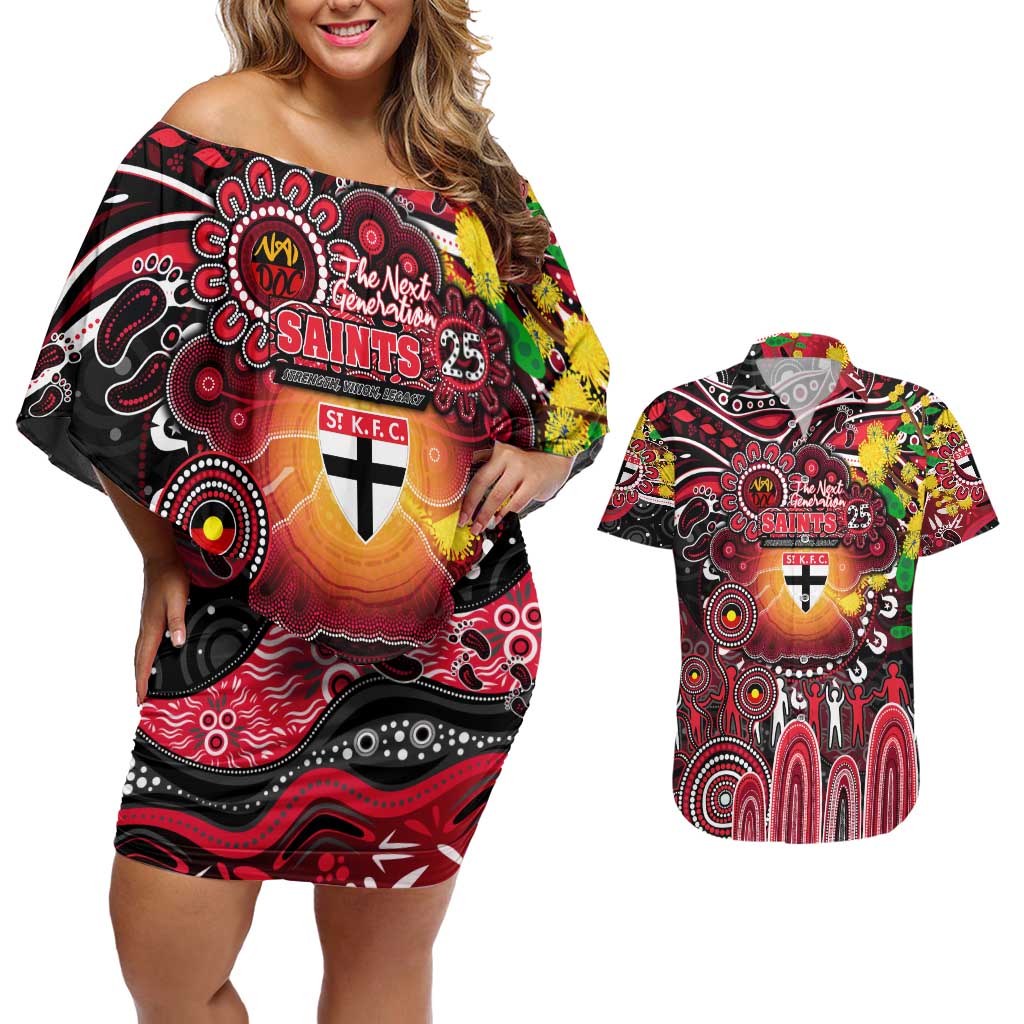 Personalised NAIDOC Week 2025 Saints Football Couples Matching Off Shoulder Short Dress and Hawaiian Shirt Aboriginal Dot Painting