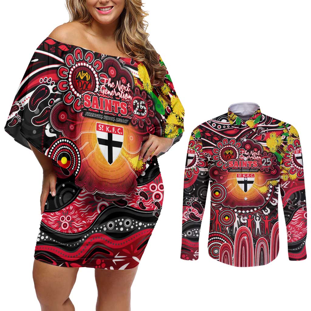 Personalised NAIDOC Week 2025 Saints Football Couples Matching Off Shoulder Short Dress and Long Sleeve Button Shirt Aboriginal Dot Painting