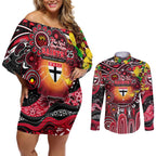 Personalised NAIDOC Week 2025 Saints Football Couples Matching Off Shoulder Short Dress and Long Sleeve Button Shirt Aboriginal Dot Painting