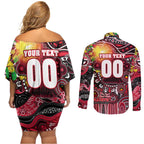 Personalised NAIDOC Week 2025 Saints Football Couples Matching Off Shoulder Short Dress and Long Sleeve Button Shirt Aboriginal Dot Painting