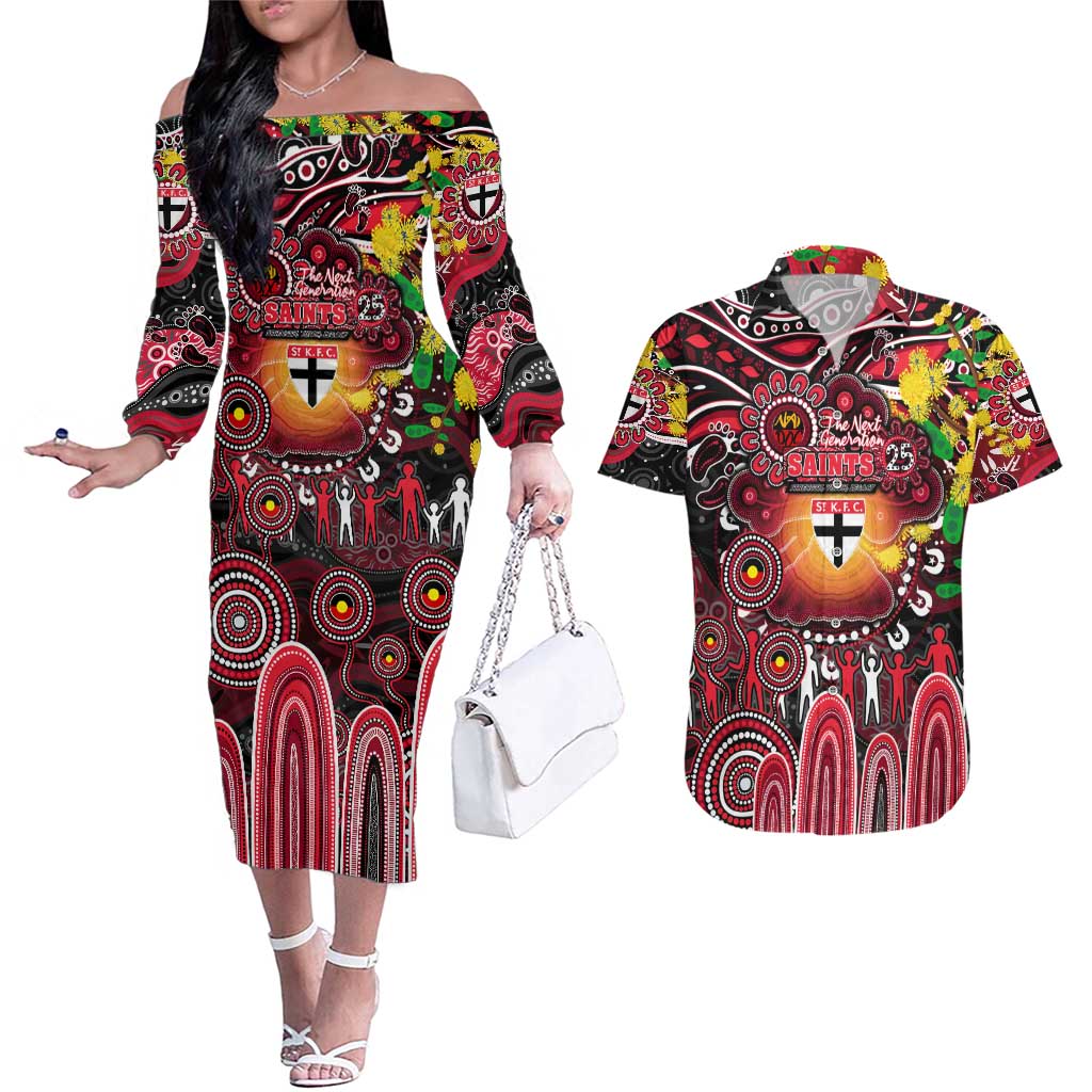 Personalised NAIDOC Week 2025 Saints Football Couples Matching Off The Shoulder Long Sleeve Dress and Hawaiian Shirt Aboriginal Dot Painting