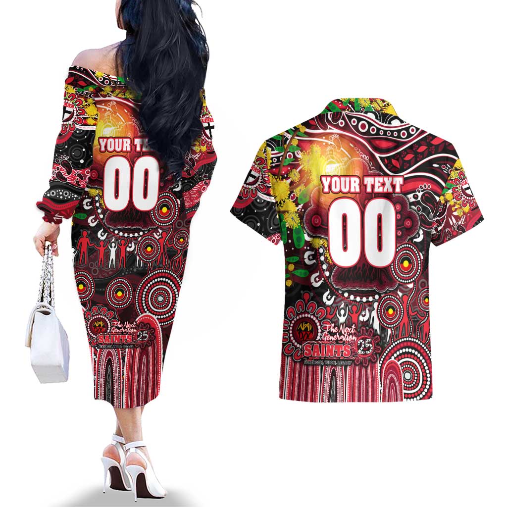 Personalised NAIDOC Week 2025 Saints Football Couples Matching Off The Shoulder Long Sleeve Dress and Hawaiian Shirt Aboriginal Dot Painting