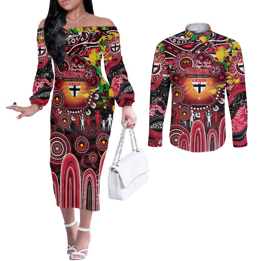 Personalised NAIDOC Week 2025 Saints Football Couples Matching Off The Shoulder Long Sleeve Dress and Long Sleeve Button Shirt Aboriginal Dot Painting