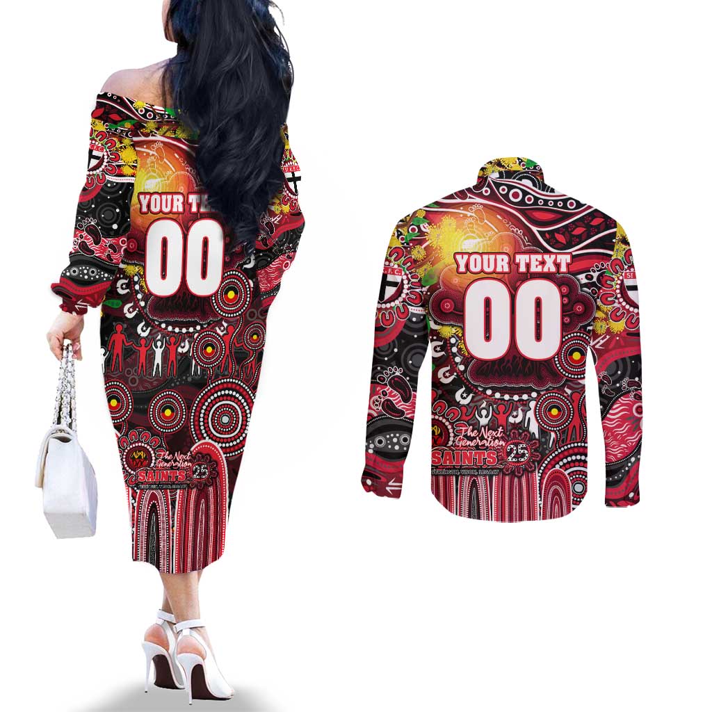 Personalised NAIDOC Week 2025 Saints Football Couples Matching Off The Shoulder Long Sleeve Dress and Long Sleeve Button Shirt Aboriginal Dot Painting