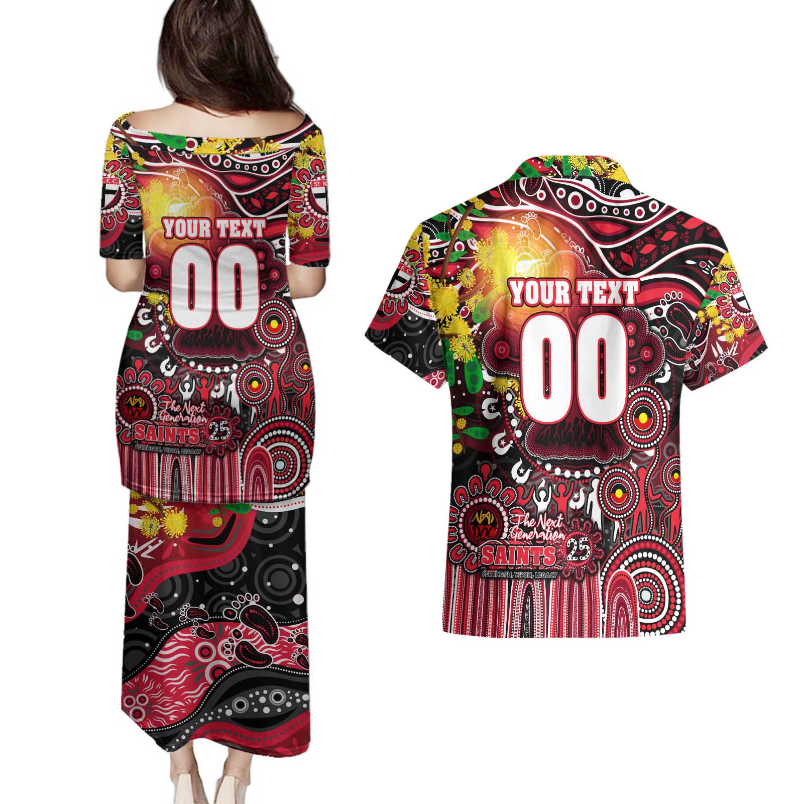 Personalised NAIDOC Week 2025 Saints Football Couples Matching Puletasi and Hawaiian Shirt Aboriginal Dot Painting
