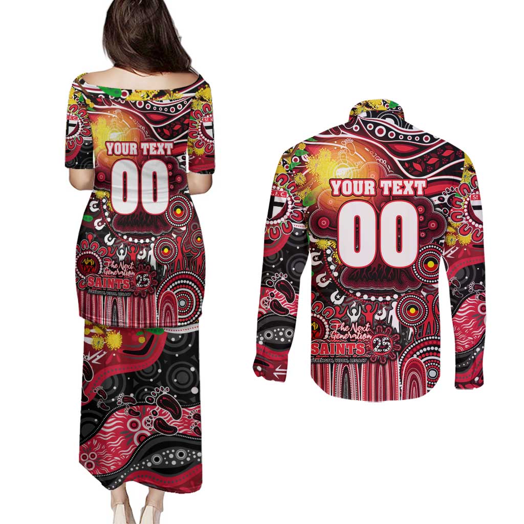 Personalised NAIDOC Week 2025 Saints Football Couples Matching Puletasi and Long Sleeve Button Shirt Aboriginal Dot Painting